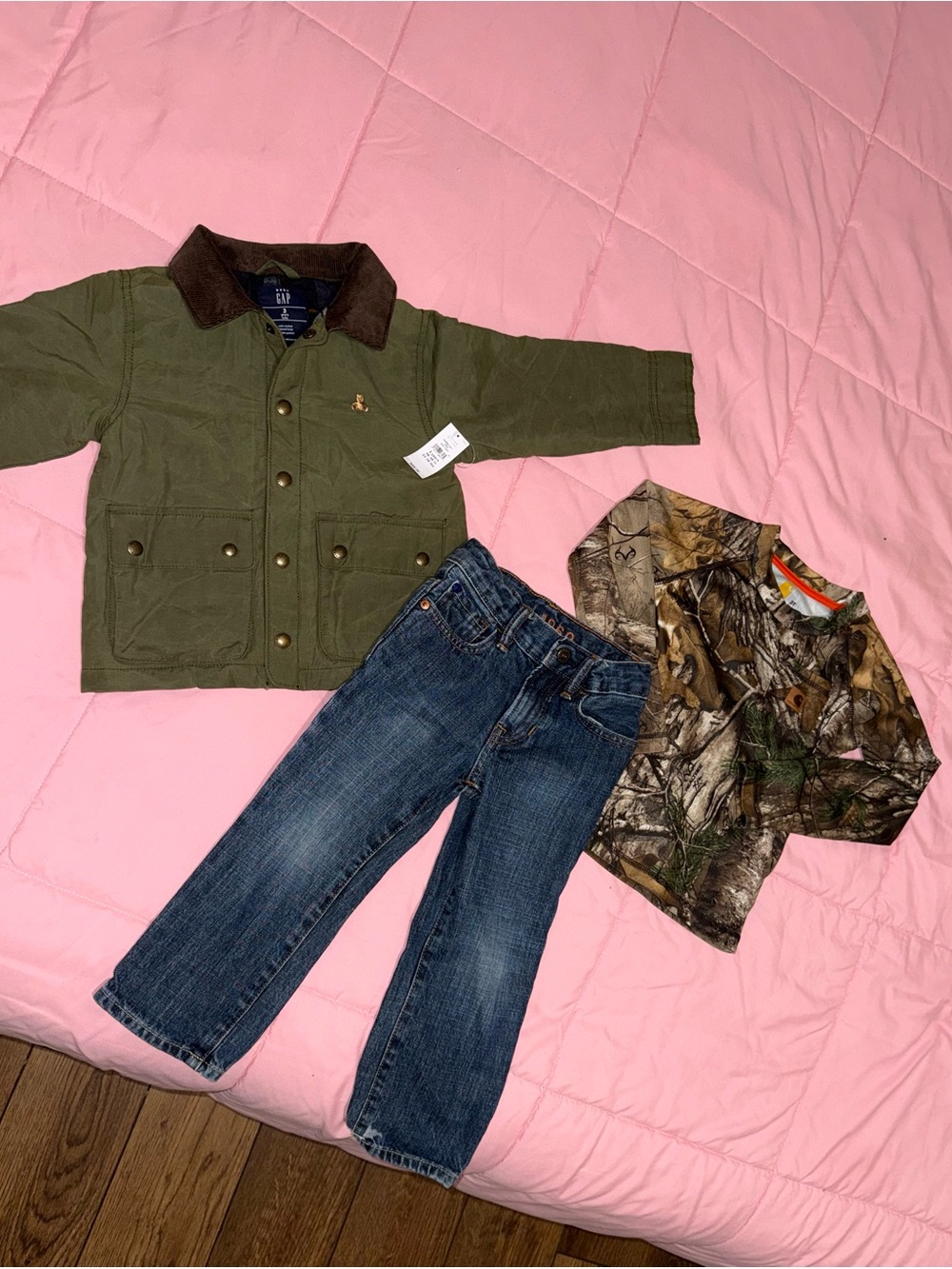 3T GAP Kids Olive Green Canvas Pea Coat with Brown Collar, Carhartt Shirt.